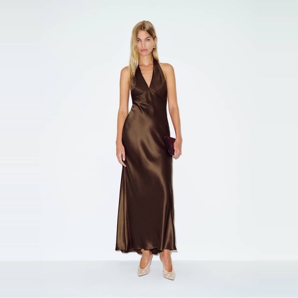 REFORMATION Daniela Chocolate Brown Orange Button Halter Maxi Evening Gown Dress - Picture 11 of 12